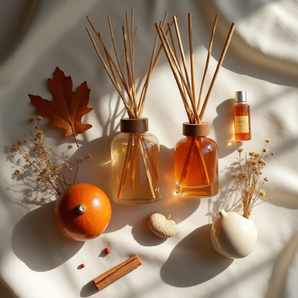 Flatlay mehrerer Produkte der Herbstkollektion mit getrockneten Blättern
